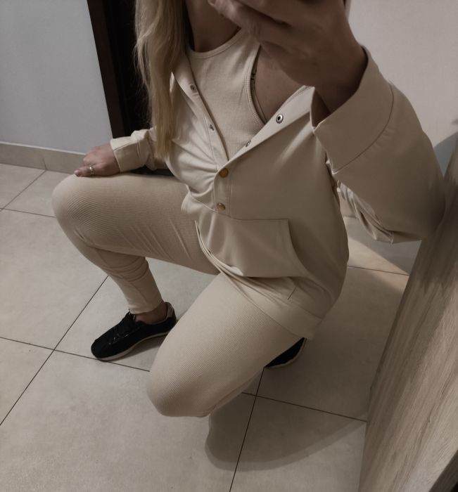Komplet 3 częściowy, dres XL beżowy prążek bawelna