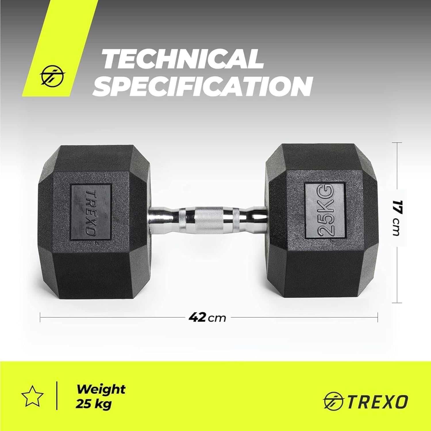 Hantel stalowy gumowany 25kg TREXO Hex