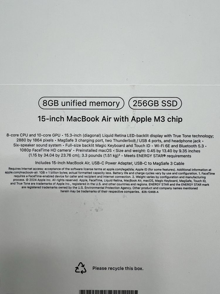 Apple MacBook Air 15 M3 8GB 256GB A3114 Kolor: Midnight |Gw12M|Sklep|