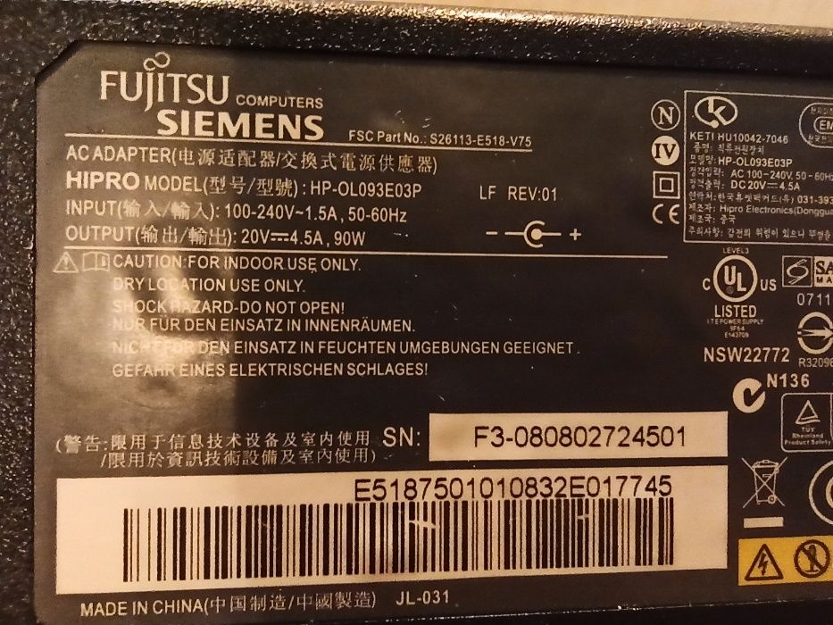Fujitsu Питания Блок Fmv-ac312AC 19V - 3.16A/60W Conn Size:5.5mm*2.5