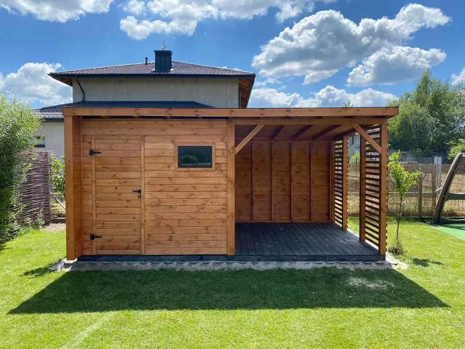 Domek narzędziowy ogrodowy drewniany z altaną "Mediolan" 6x3