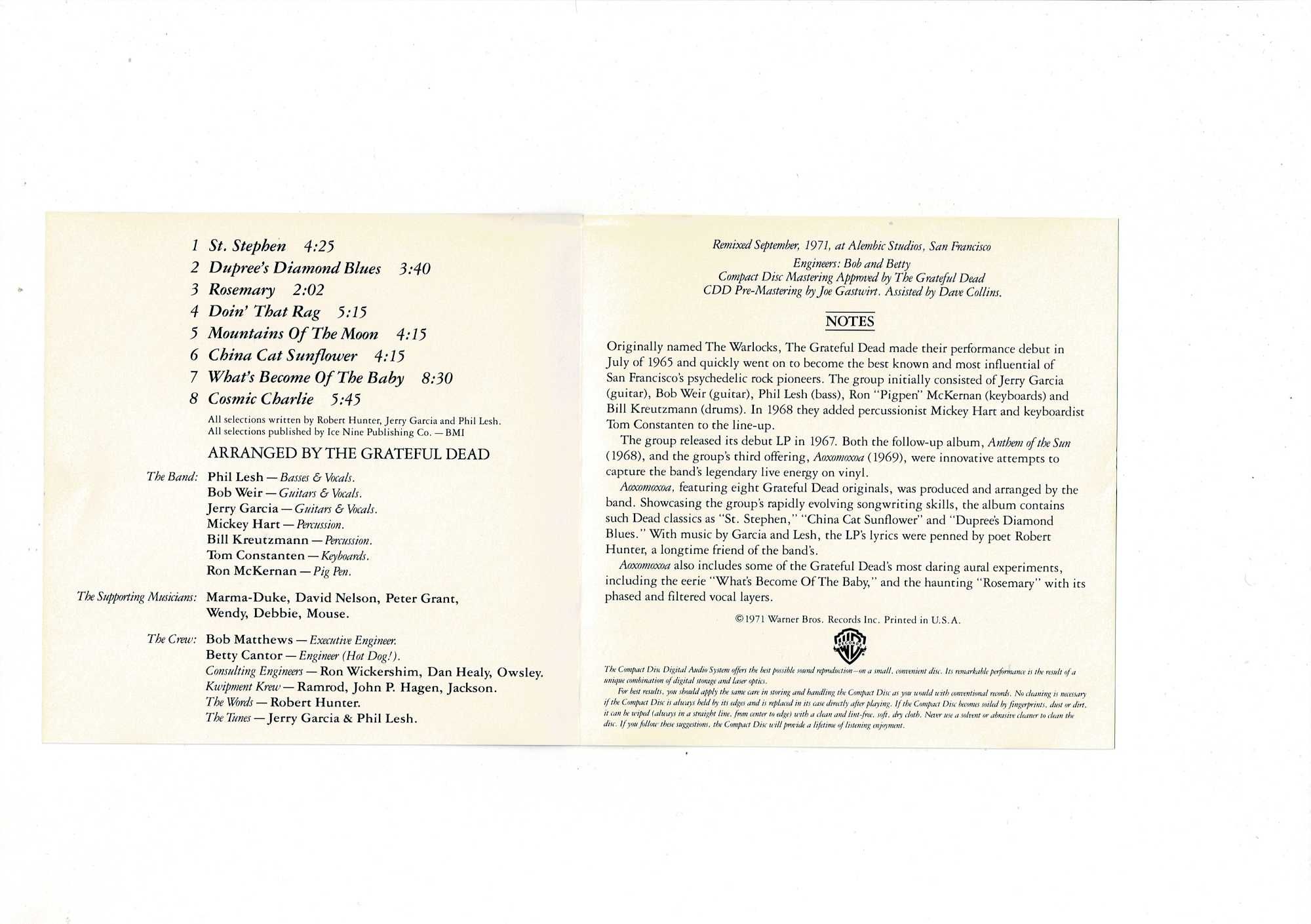 THE GRATEFUL DEAD Aoxomoxoa CD 1991 USA Idealna Bez rysek