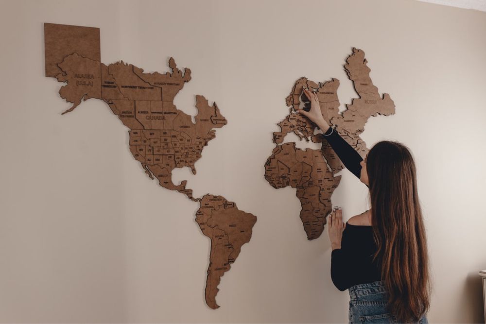 Велика дерев‘яна карта на стіну 195х125 см,настенная карта мира