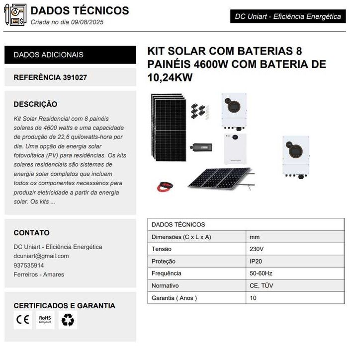 Kit Fotovoltaico 4.720W + Bateria 10KWH (Monofásico) SRNE