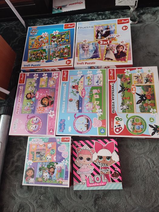 Puzzle trefl 6+1 gratis Frozen, bing, psi patrol, koci domek Gabi,