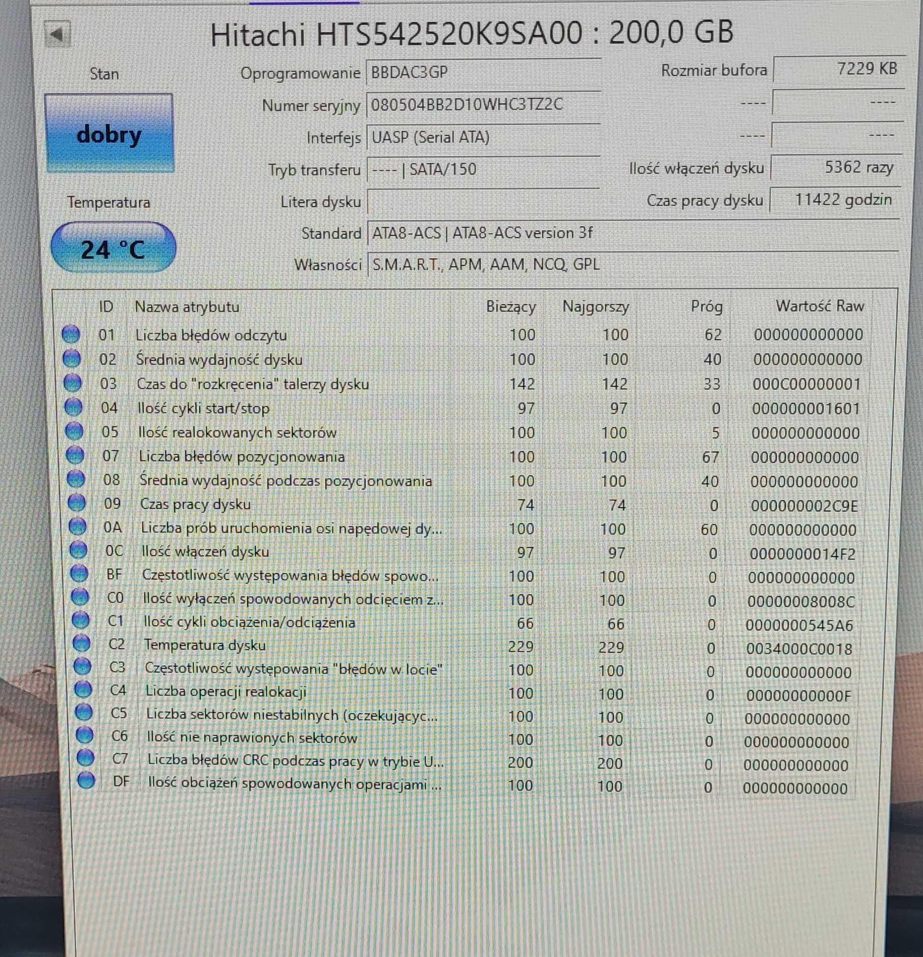 używany dysk twardy HDD 2,5" Hitachi 200GB 5400 rpm SATA