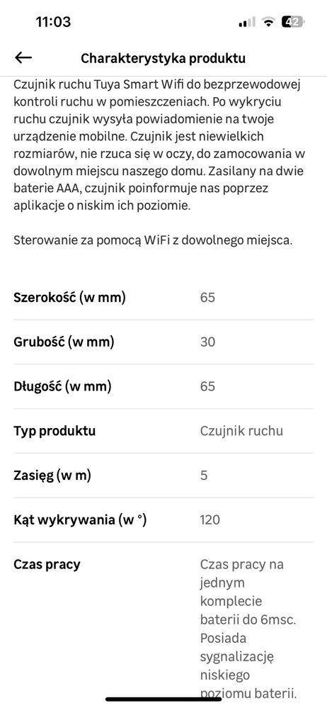 Czujka ruchu Tuja smart WiFi powiadomienie na telefon