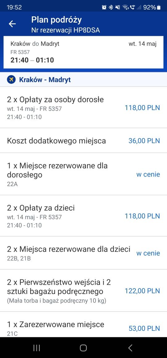 4 bilety Ryanair Kraków - Madryt 14.05.2024