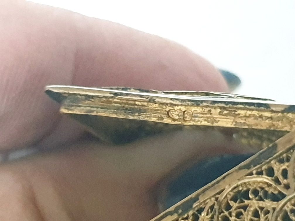 Linda antiga caixa e pulseira em prata portuguesa filigrana dourada