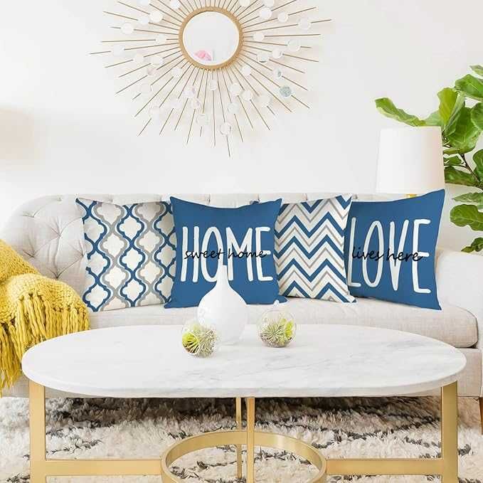 Poszewki na poduszki 50x50 cm, 4 sztuki, Lniane, Niebieskie