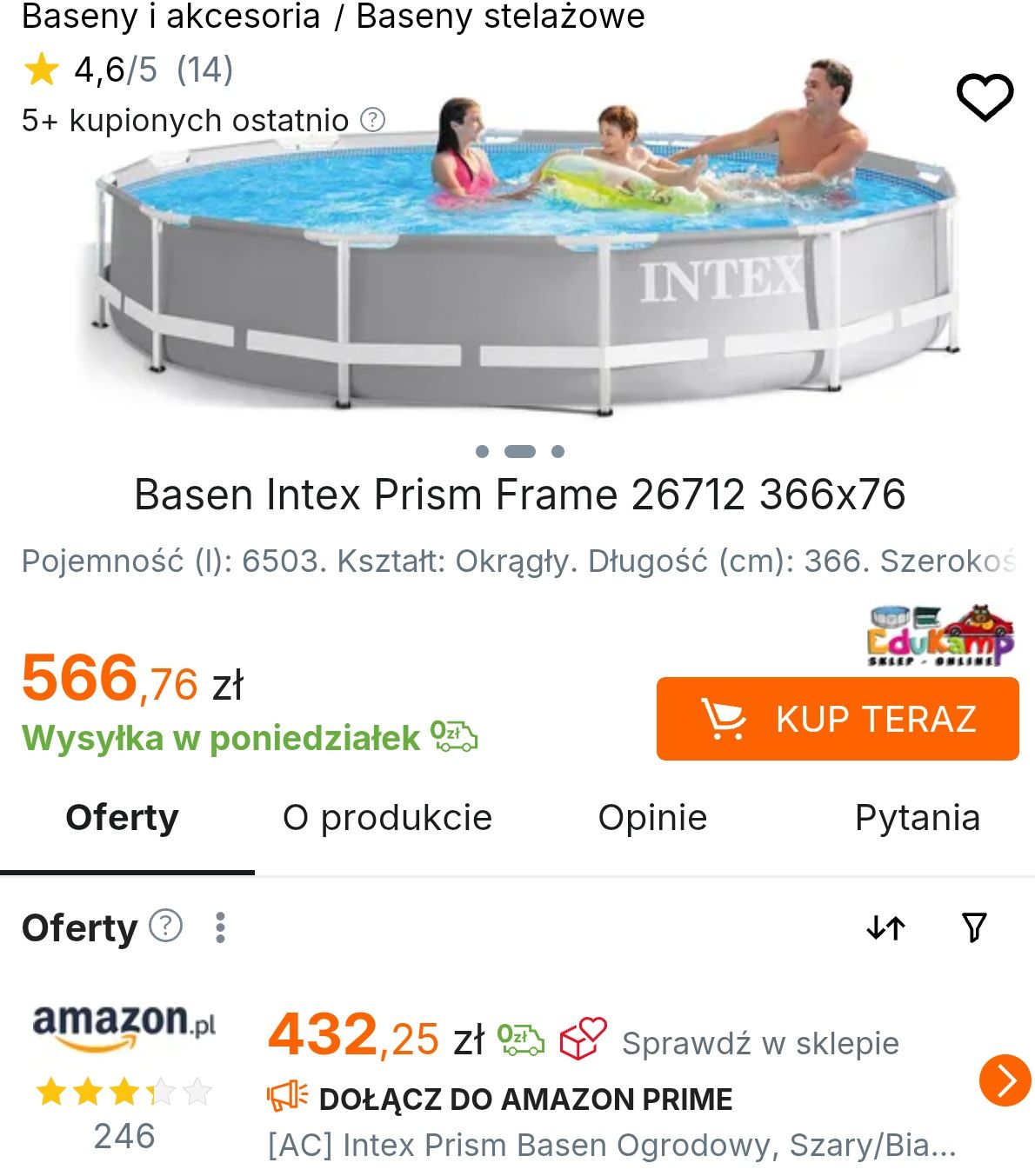 Basen intex 366x76 cm