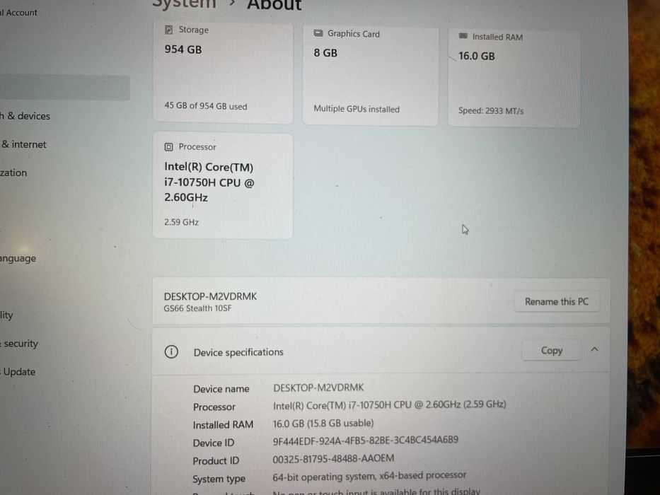 Ігровий ноутбук MSI Stealth gs66 15,6 i7-10750H/16gb/1 TB/RTX2070