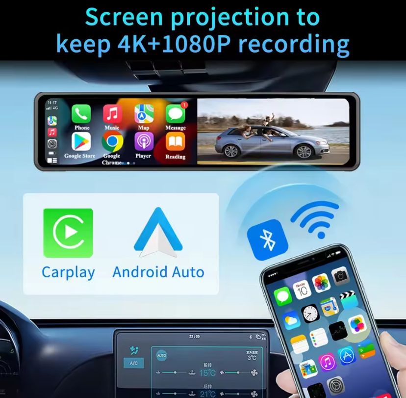 4К відеореєстратор 12" з камерою заднього виду Android Auto, CarPlay