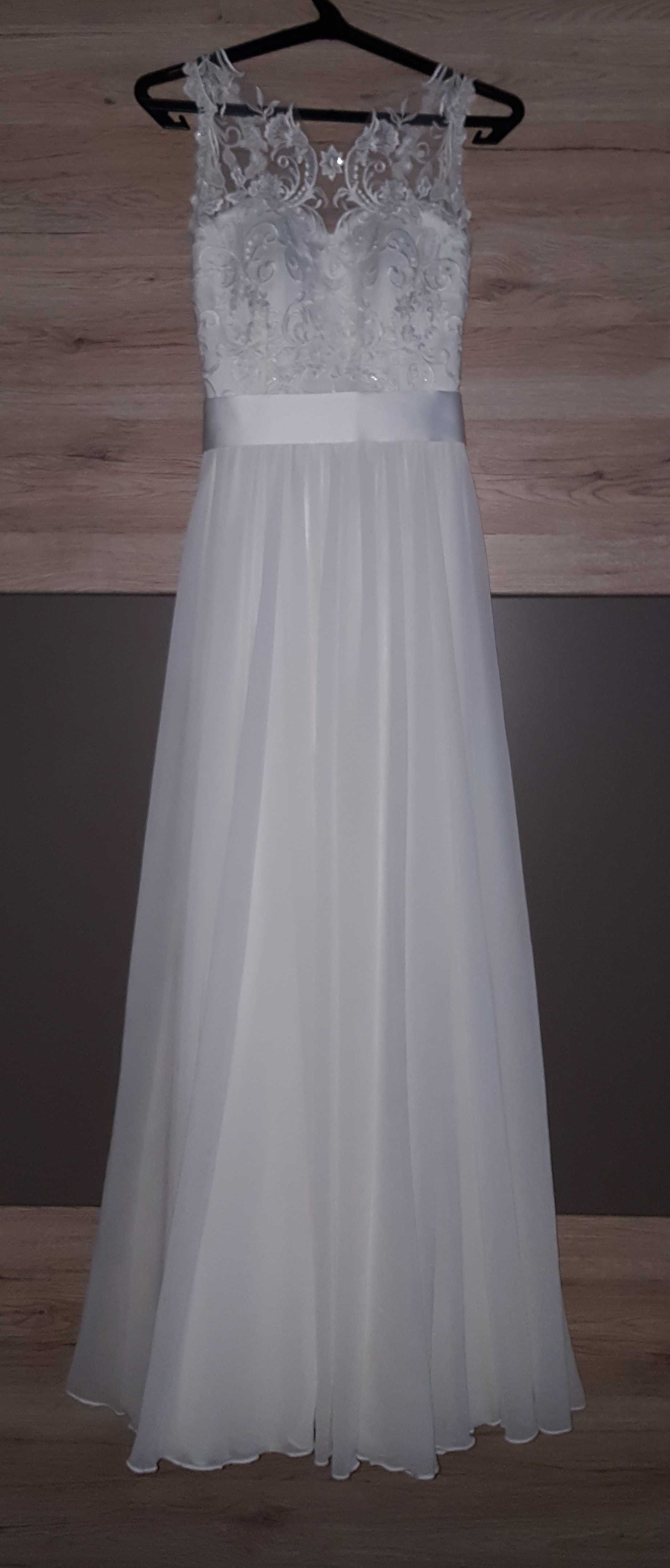 Suknia ślubna xs s 34 koronka szyfon kokarda