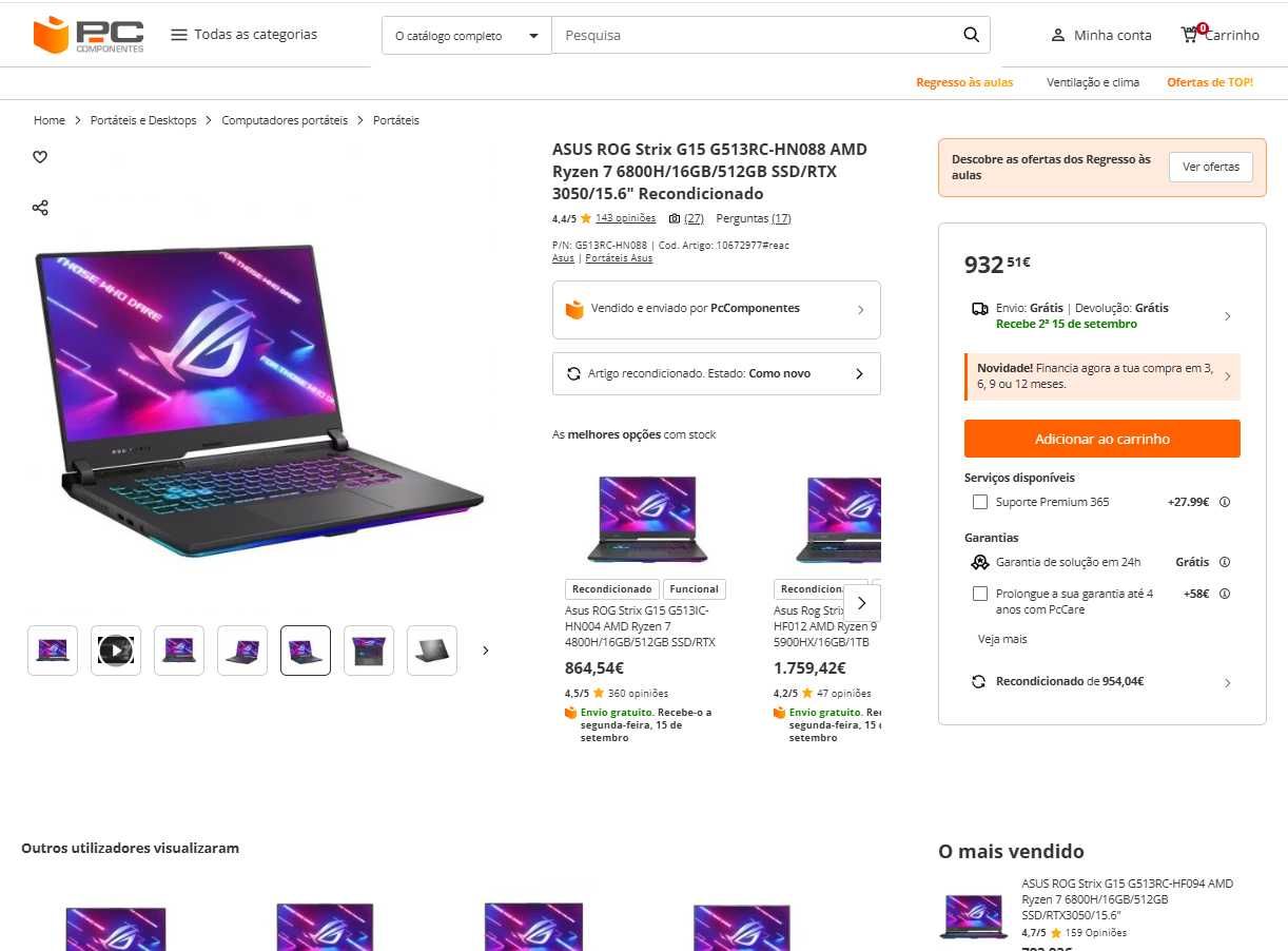 portatil gaming asus rog strix G15 - ryzen 7 6800H - RTX 3050