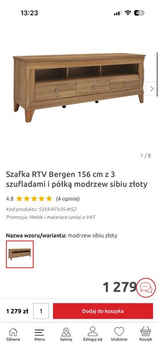 Szafka RTV Bergen 156 cm z 3 szufladami i półką modrzew sibiu złoty