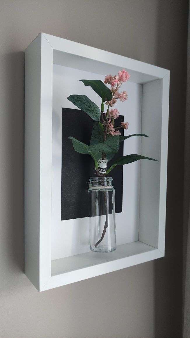 Biały obraz, ramka 3D natura w słoiku na kwiaty i sadzonki HANDMADE