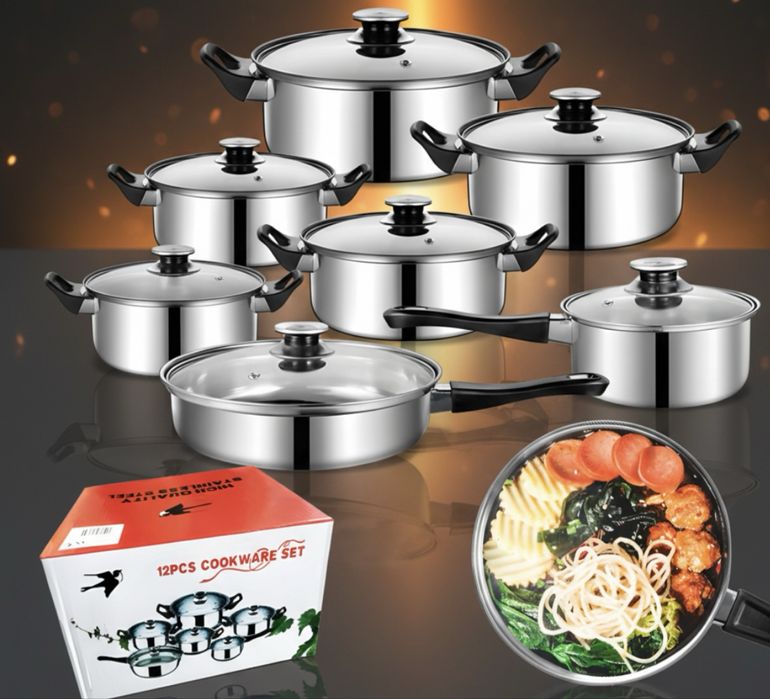 Komplet garnków stalowych + patelnia 12 elementów – stal nierdzewna,