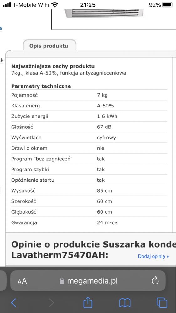 AEG suszarka kondensacyjna wolnostojaca uszkodzona