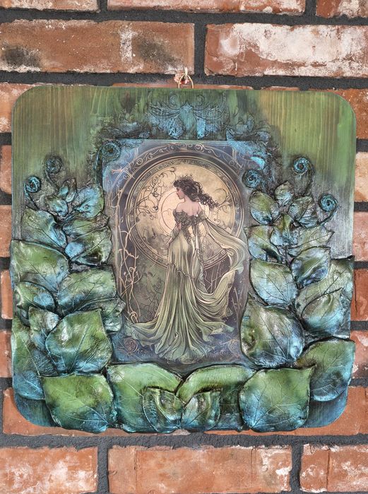 Piękny obraz na desce z ceramicznymi liśćmi, panel ozdobny