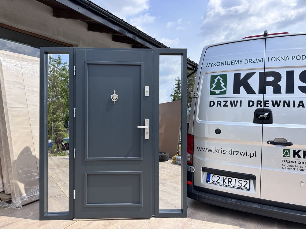 Drzwi drewniane wejściowe OD RĘKI Z doświetlami 180x208 cała Polska