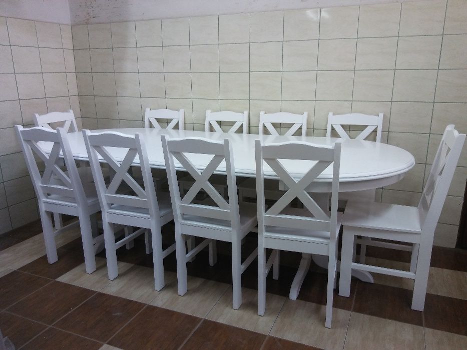 Stół okrągły rozkładany na1 nodze biały śr.110 cm + 3 x 45 + 4 krzesła