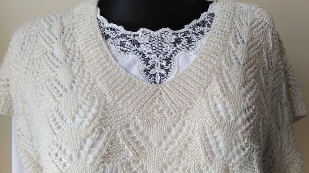 ręcznie robiona 36/38 kamizelka kremowa biel vintage wełna ażur