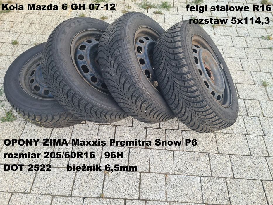 4 felgi stalowe r16&quot; 5x114,3 Mazda 6 GH opony zima 205/60r16 maxxis 2022rok czujniki 6,5mm