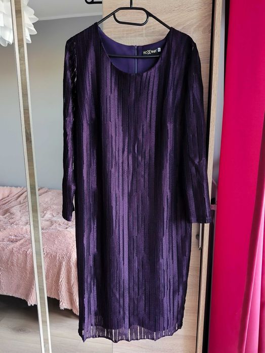 Sukienka fioletowa prosta 46 jesień wesele