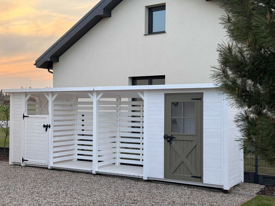 Domek narzędziowy drewniany z drewutnią i wiatą na kosza 6,5 x 1,1m