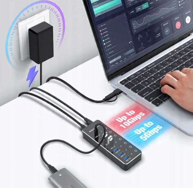 Koncentrator USB C 3.2 z zasilaczem RSHTECH 7 portów POWYSTAWOWY