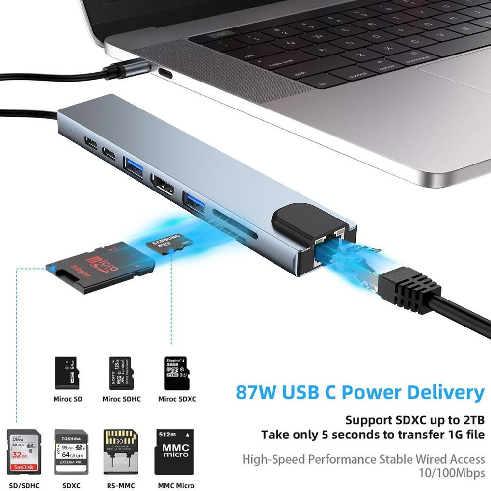 Адаптер Usb,type-c Hub 8 в 1 HDMI PD картридер SD TF RJ45 macbook 4K
