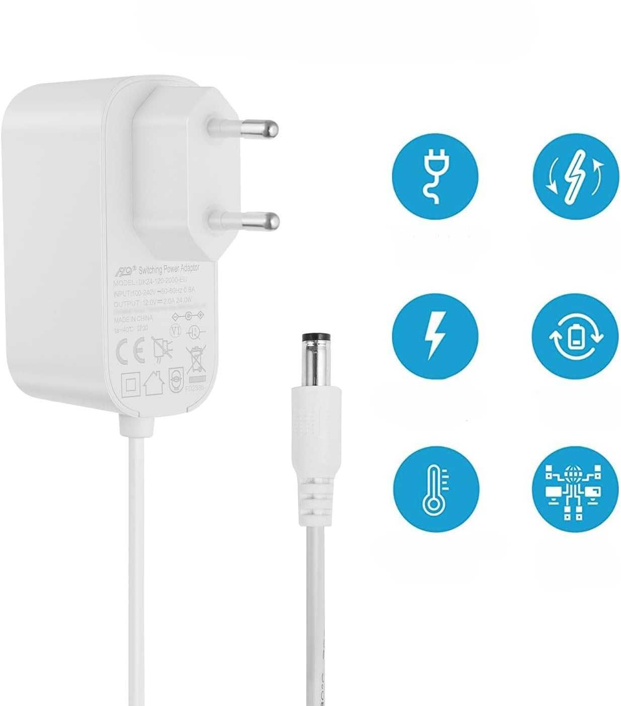 Zasilacz 12V 2A DC 5.5x2.1 mm biały do LED routera kamery