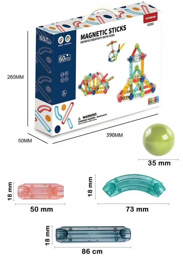 XL 3D KOLOROWE Klocki Magnetyczne  60 ELEMENTÓW