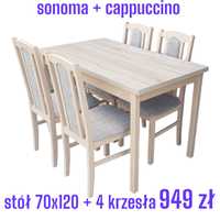 Nowe: Stół 70x120 + 4 krzesła, sonoma + cappuccino, dostawa PL