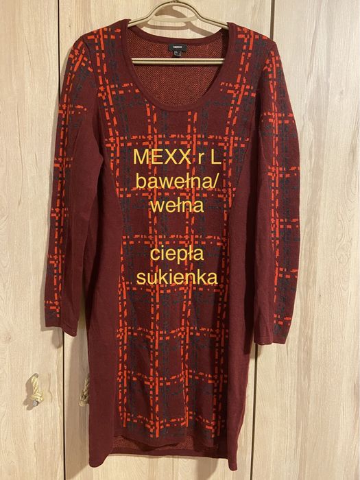 Mexx rozm L bordowa sukienka bawełna wełna długi rękaw ciepła Vintage
