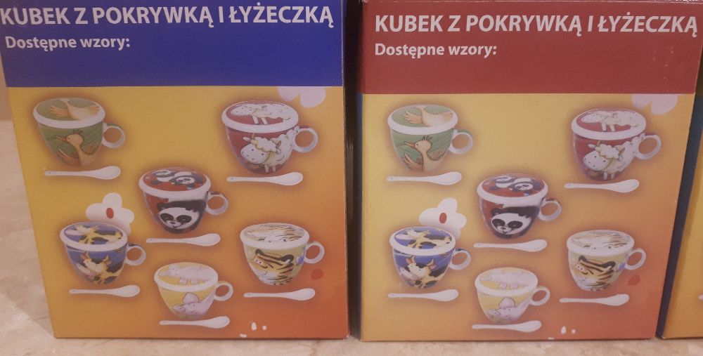 Komplet 6 porcelanowych kubków z pokrywką i łyżeczką ze zwierzątkami