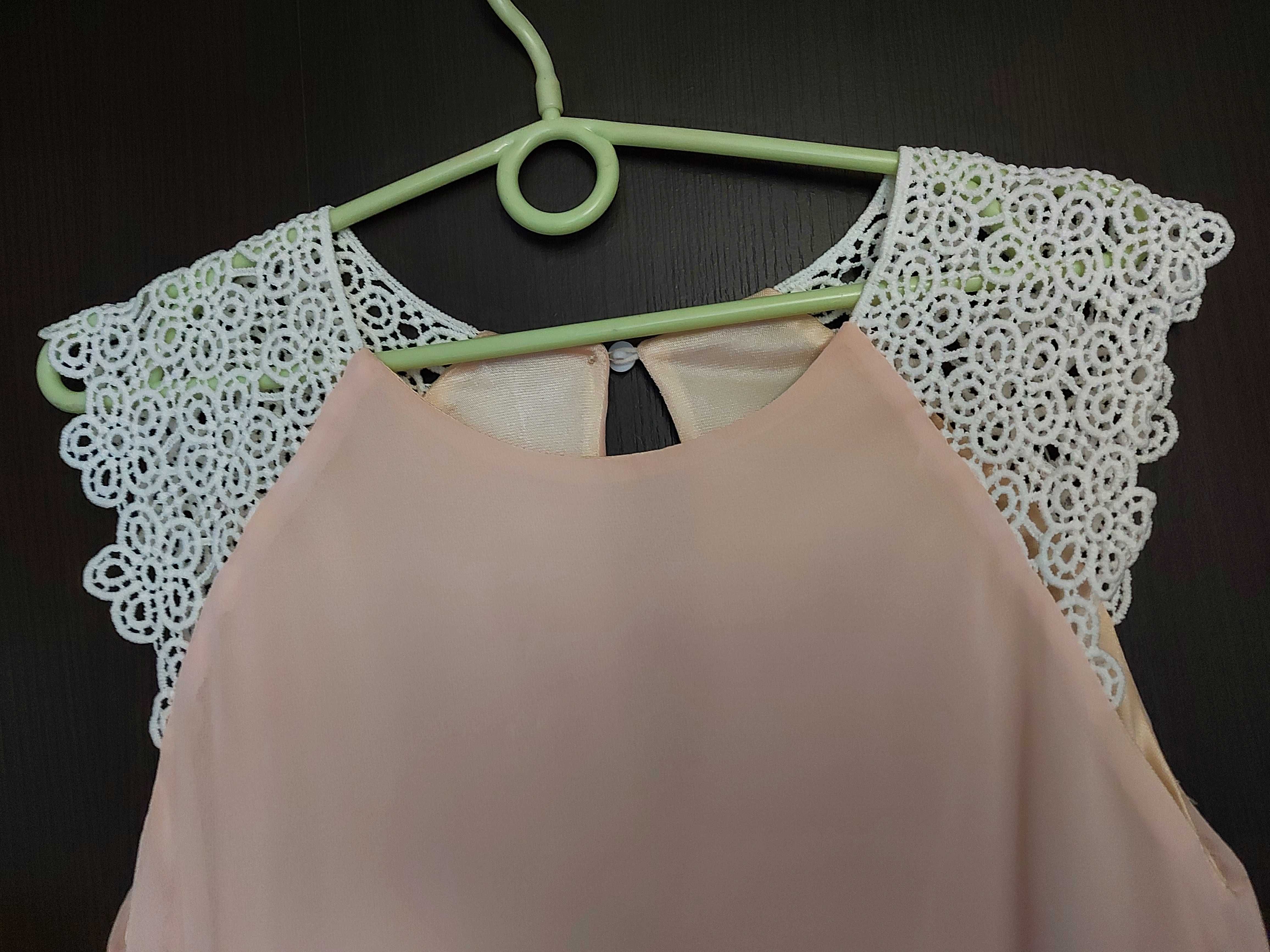 Pudrowa różowa szyfonowa luźna sukienka z koronkowymi rękawami shein