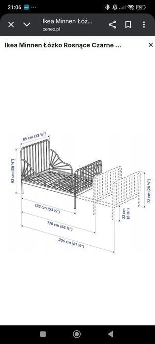 Ikea Minnen Łóżko Rosnące Czarne + Materac