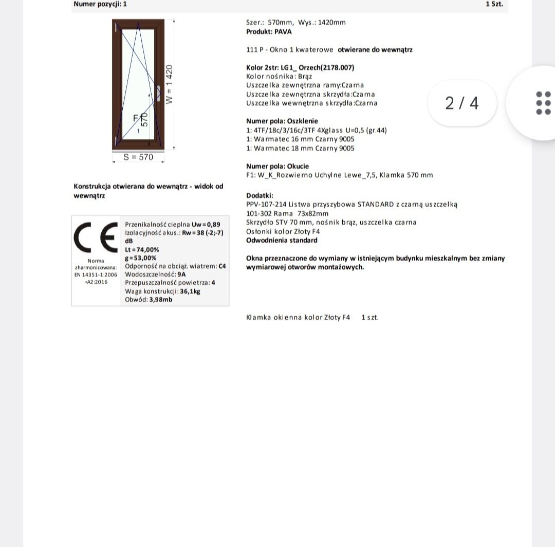 Sprzedam nowy zestaw balkonowy okna Pava kolor orzech +gratis