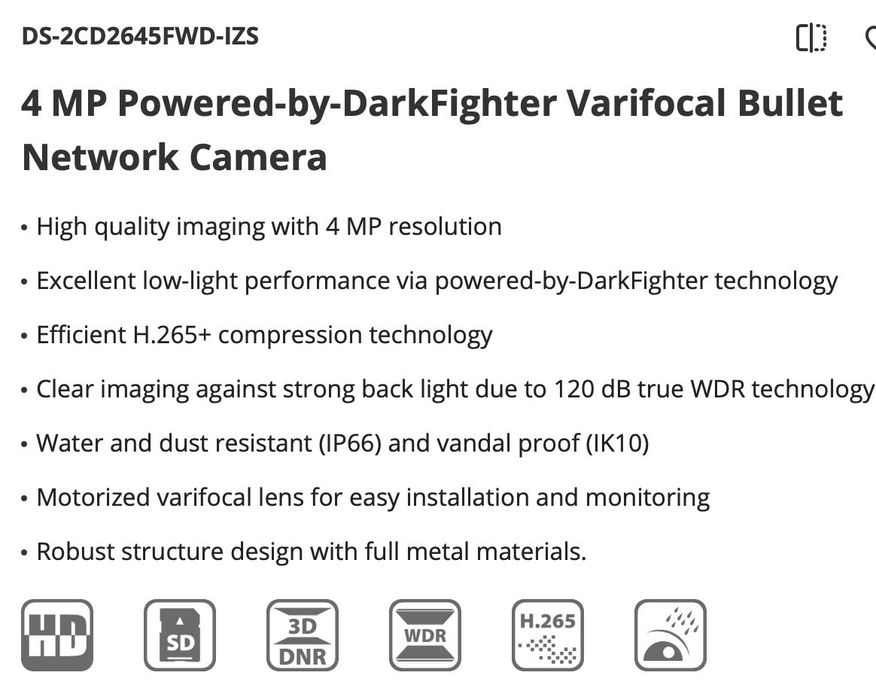 HikVision DS-2CD2645FWD-IZS 4MP DarkFighter Varifocal Network Camera