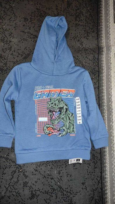 Bluza z kapturem, dinozaur, niebieska 104/110