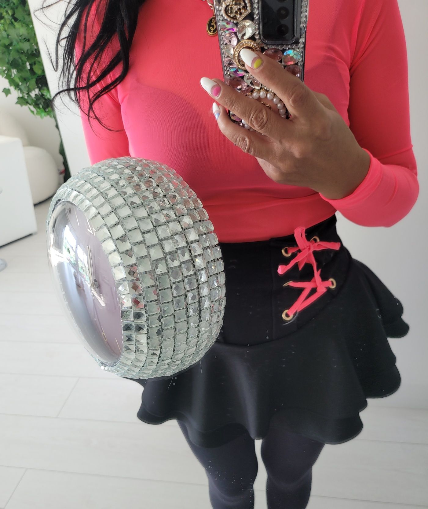 Zegar handmade glamour krysztalki lustro okrągły koło ścienny
