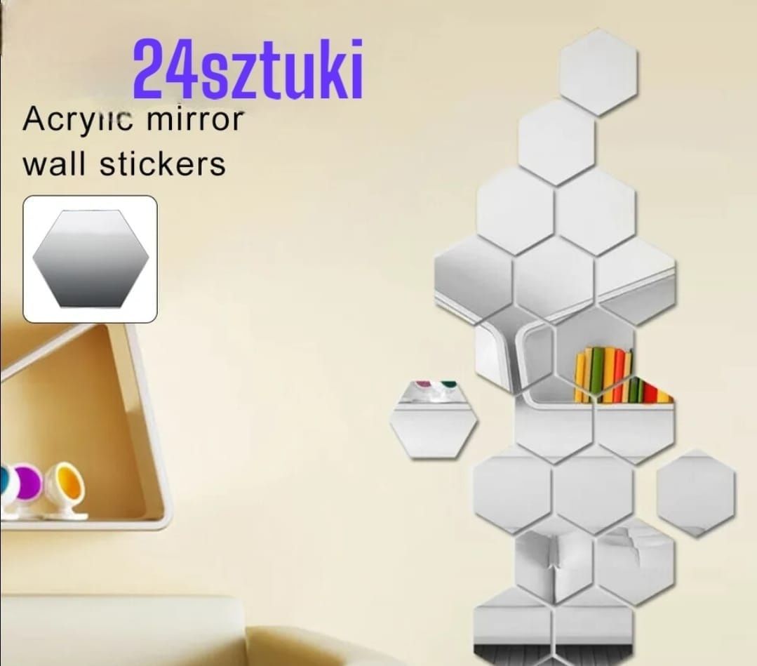 24szt naklejki lustrzane hexagon lustro duże srebrne