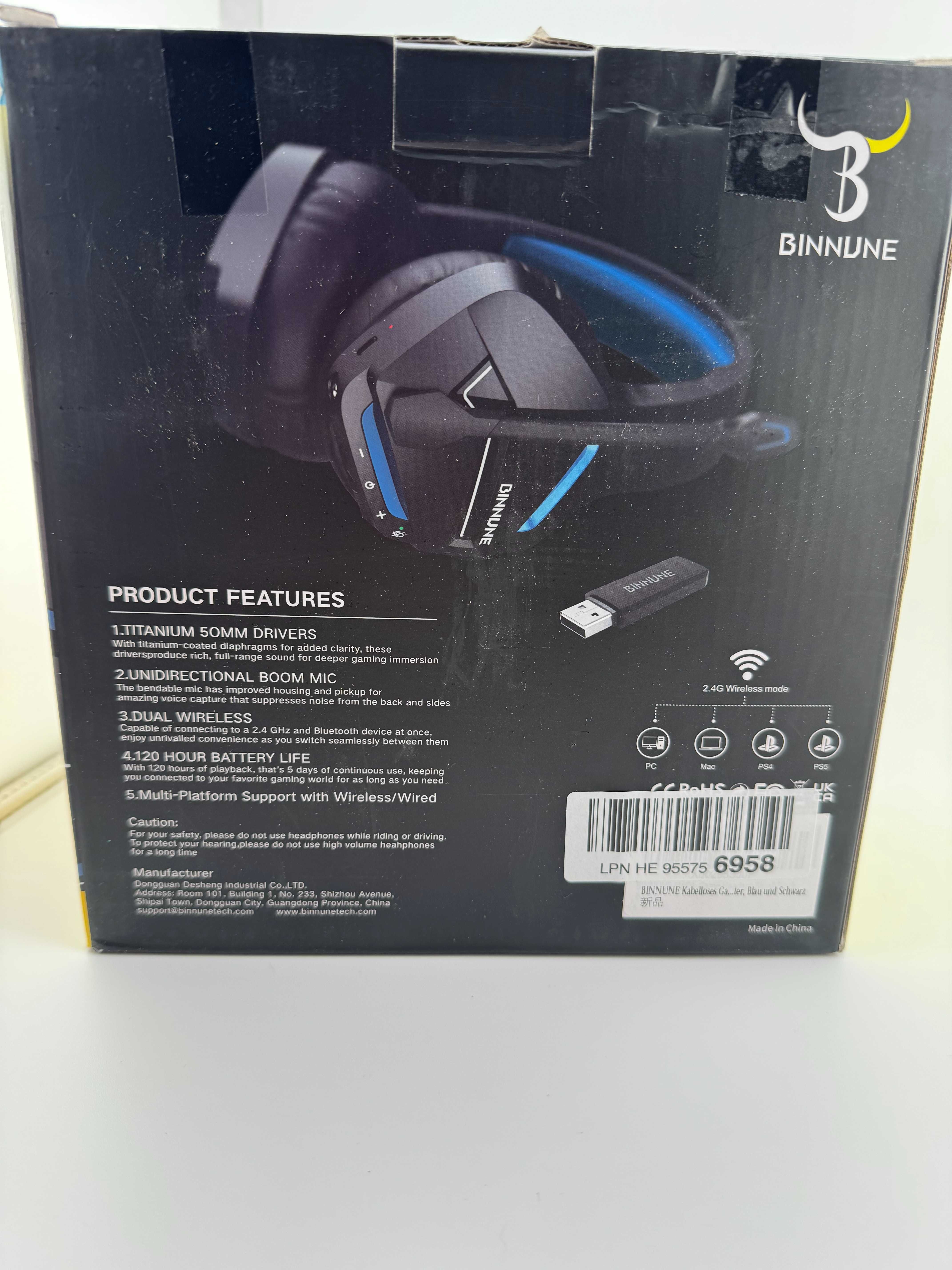 Słuchawki Binnune 2,4GHz PS5 PS4 PC Switch Bluetooth 5.3 z mikrofonem