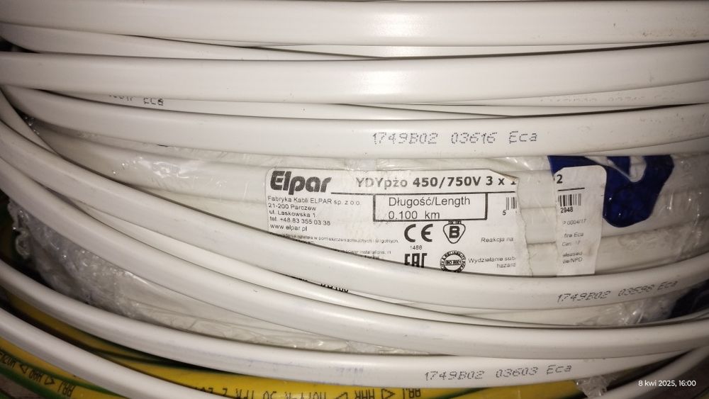 Kabel przewód elektryczny ELPAR YDY 3x1,5 oraz DAMIR 2x1,5