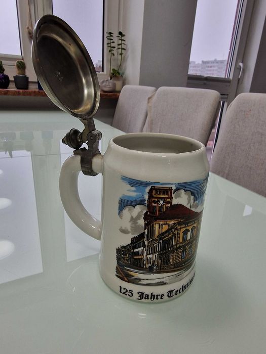 Unikalny ceramiczny kufel do piwa z cynową pokrywką