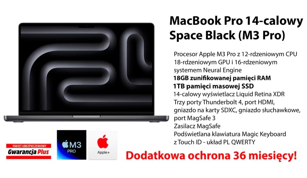 NOWY Apple MacBook Pro 14 M3 Pro 18GB RAM 1TB 18GPU PL GW-3LATA! FV23%