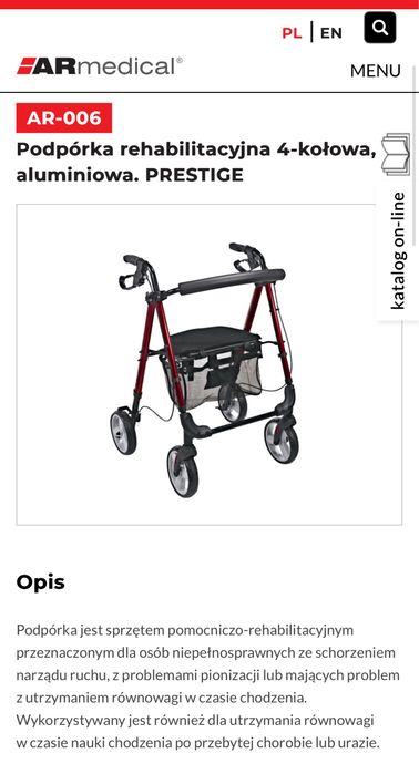 AR-006 Podpórka rehabilitacyjna 4-kołowa, aluminiowa. PRESTIGE
