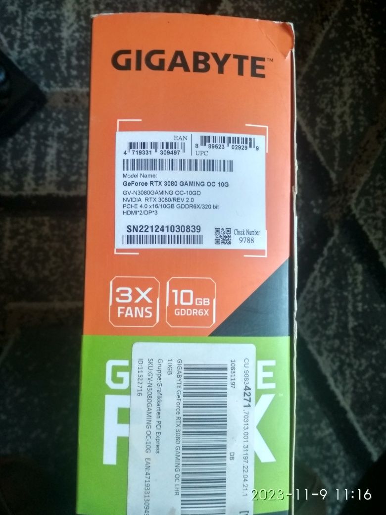 Відеокарта 3080 GIGABYTE GeForce RTX  GAMING OC 10G